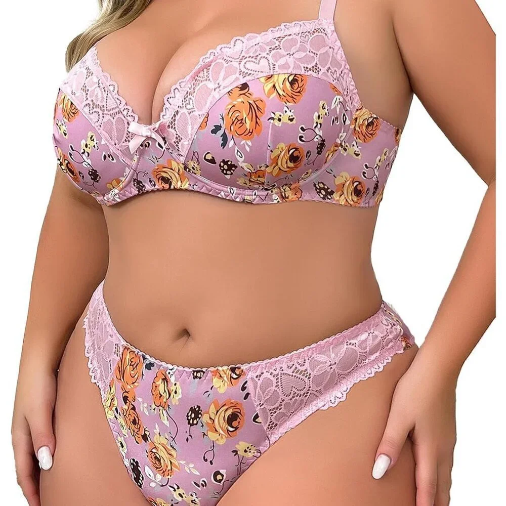 WOMEN'S Purple Floral Sexy Lace Push Up Bra & Babydoll Nightwear Lingerie Set